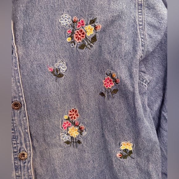 Denim Shirt with Floral Embroidery | Cottagecore | Size Large - Picture 3 of 7